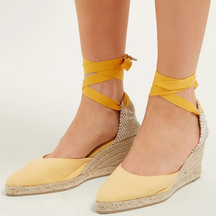 Yellow Canvas Platform Wedge Heels Strappy Sandal Pumps |FSJ Shoes