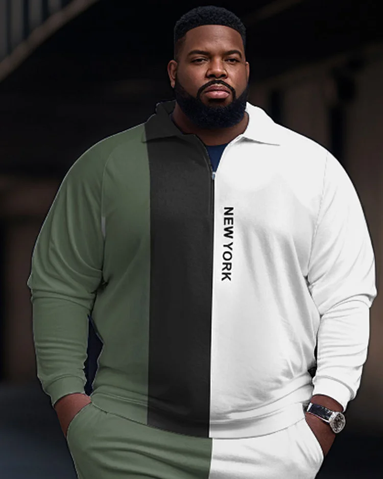 Men's Plus Size Color Block Graphic Simple Style Zip Shirt and Pants Two Piece Set