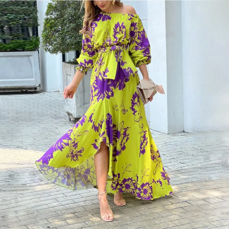 Uveng Uveng Temperament Elegant Inclined Shoulder Dress Ins Print Lantern Sleeve High-Waisted Dress Woman