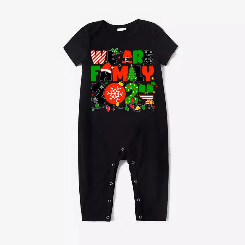 Christmas "We are Family" Colorful Multi-Element Letter Prints Black Short Sleeve with Red & Black Plaid Pant Family Matching Pajamas