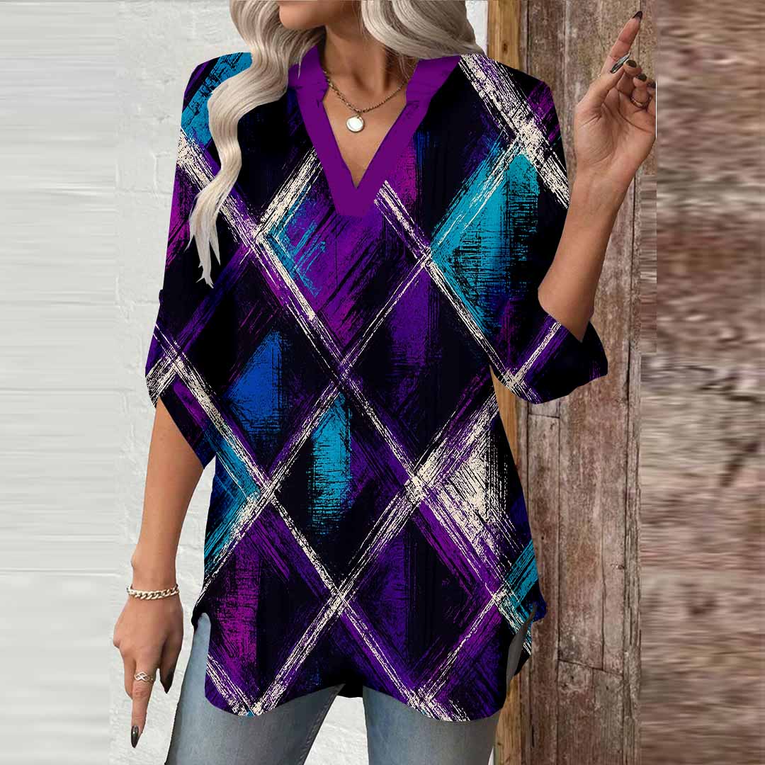 Women Checkered, Purple, Blue DZGA0343 3/4 Sleeve V-neck Printed Graphic Button Tops