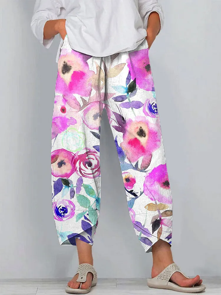 Women's Floral Art Printed Cotton And Linen Casual Pants