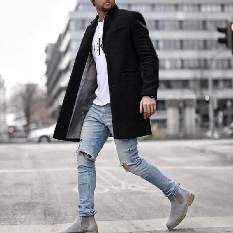 Tiboyz Casual Solid Color Mid-Length Coat