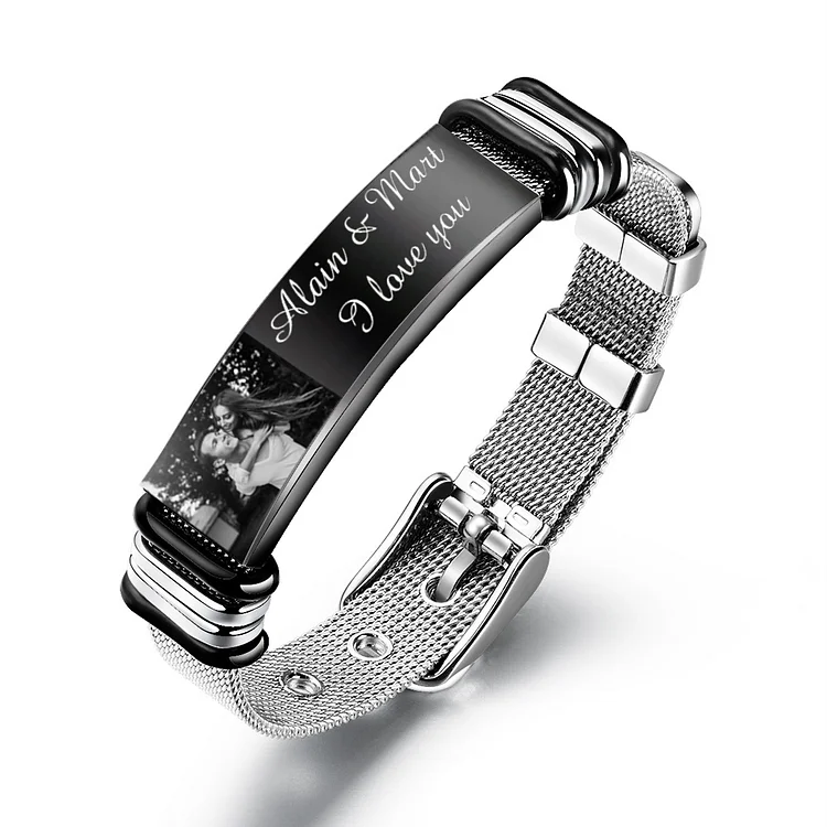 Personalized Family Photo Bracelet Engraved ID Bar Bracelet