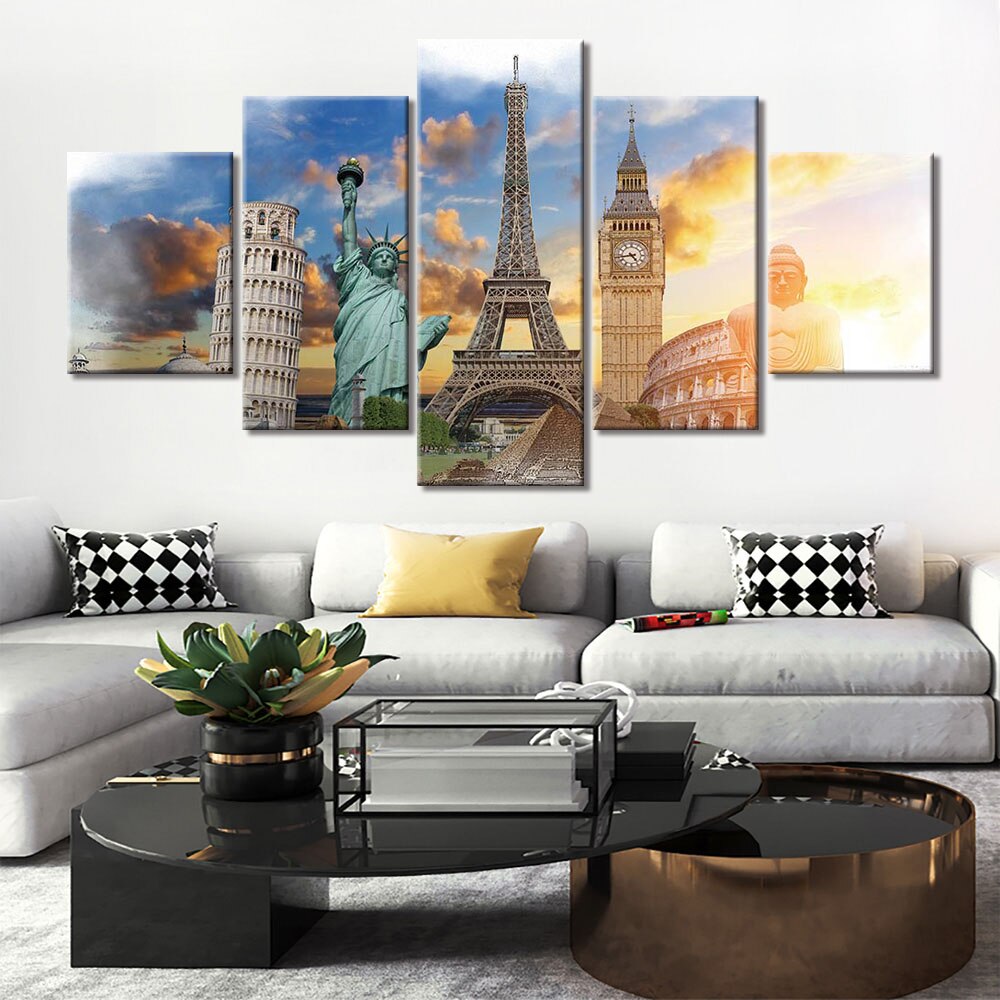 Posters And Prints Canvas Painting Modern Wall Art 5 Piece Statue of Liberty Paris Tower Big Ben Picture Canvas Print Home Decor