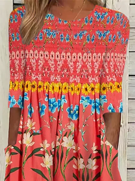 Women Half Sleeve V-neck Solid Color Dress