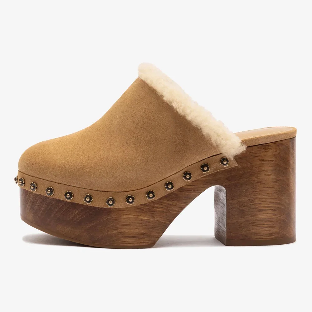 Tan Block Heel Platform Floral Studded Vegan Wool Mules for Women