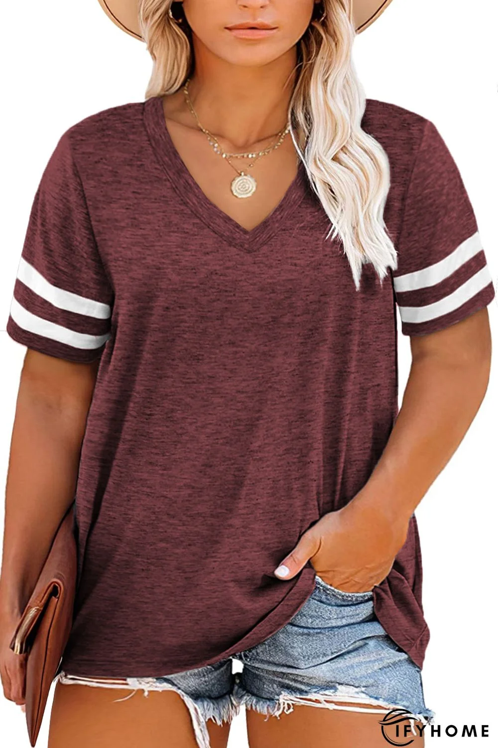 Red Rust Plus Size Stripes Stitching Sleeve V Neck T-shirt | IFYHOME