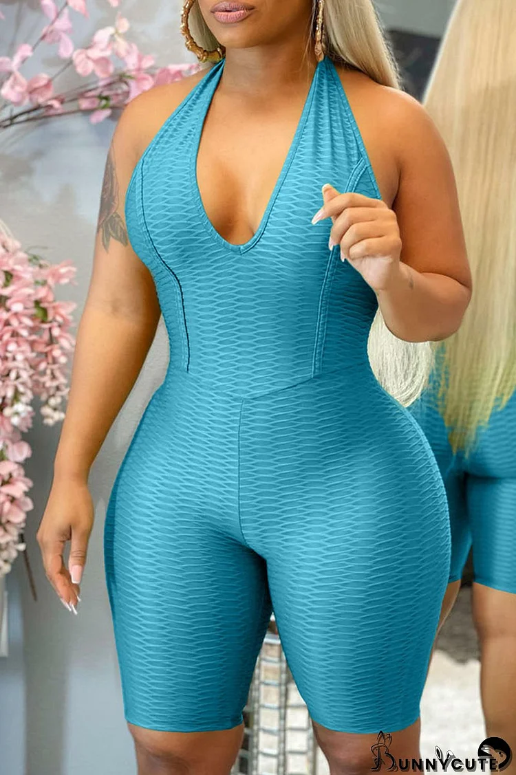 Cyan Sexy Solid Split Joint Backless Halter Regular Jumpsuits