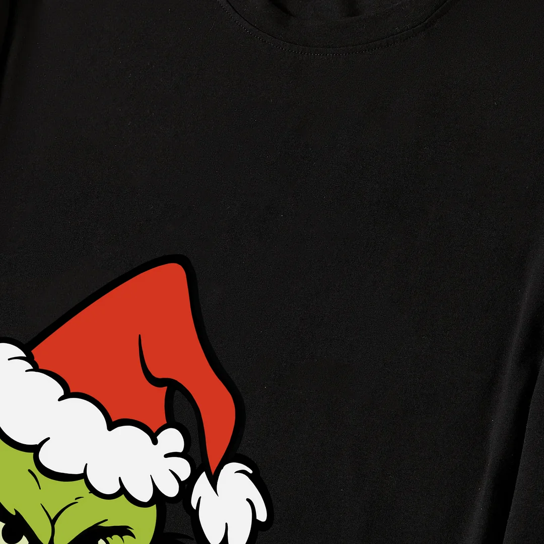 Christmas Cartoon Pattern Print Black Long Sleeve Top with Red & White & Green Plaid Family Matching Pajamas