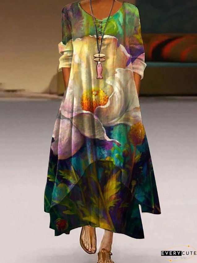 Casual Dress Shift Line Long Maxi Yellow Light Green Pink Sleeve Leaf Print Spring Fall