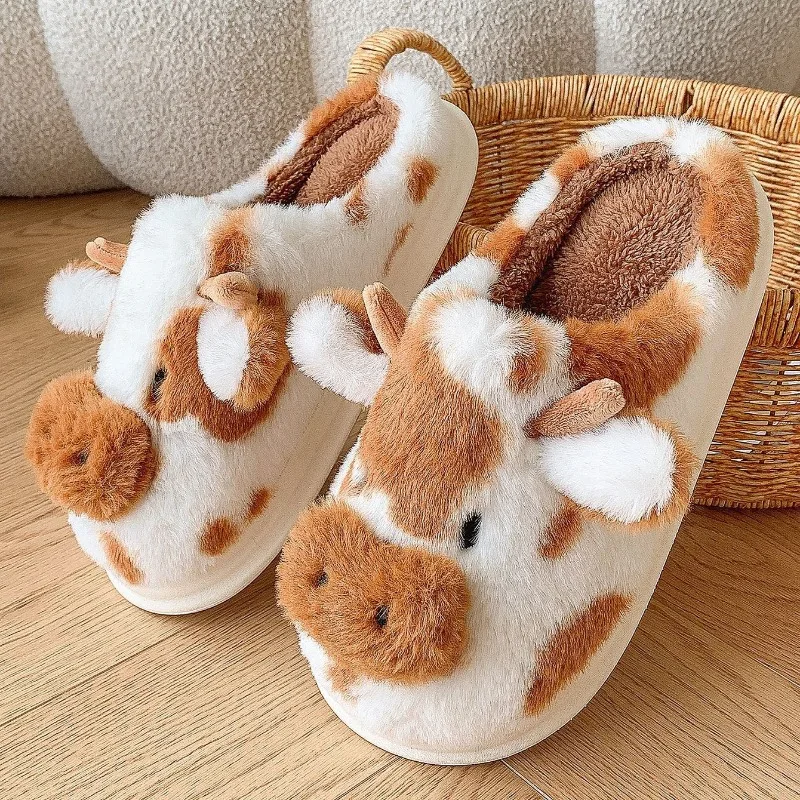 Eliteofferclub Winter Warm Cartoon Cow Slippers Indoor Outdoor Slippers for Women Non-slip Home Cotton Shoes Women Thick Sole Plush Slippers