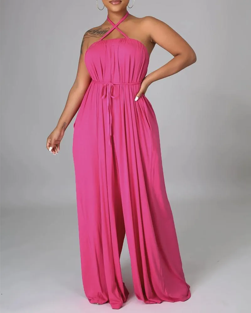 Solid Color Sleeveless Pocket Self Tie Wide Leg Jumpsuit