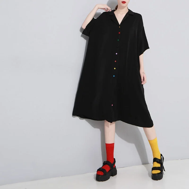 [EAM] Women Colorful Button Long Big Size  Dress New Lapel Three-quarter Sleeve Loose  Fashion Spring Summer 2021 1T978