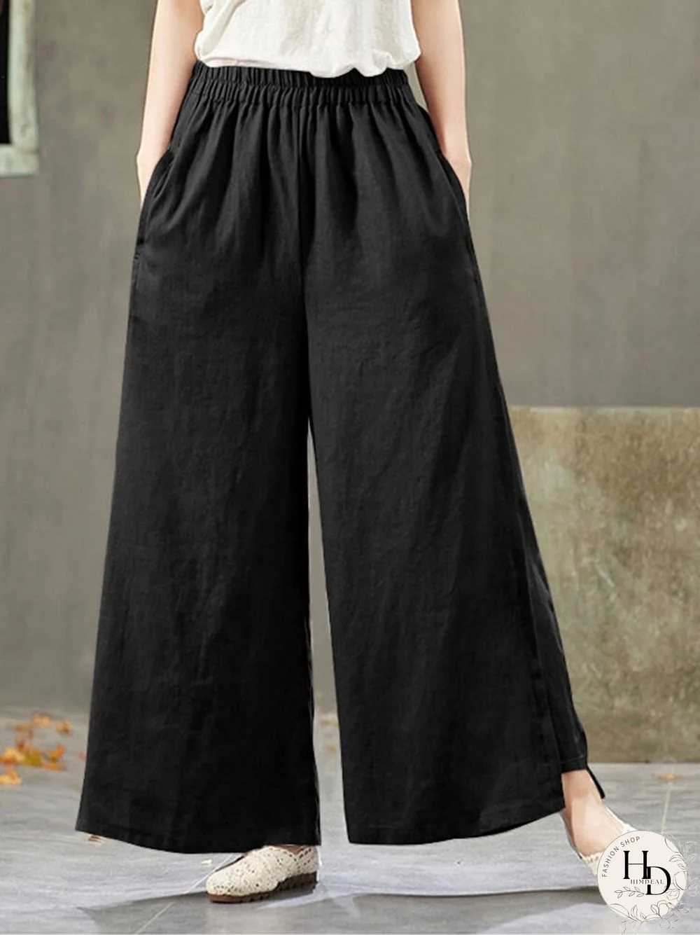 Solid Pocket Elastic Waist Wide Leg Casual Cotton Pants