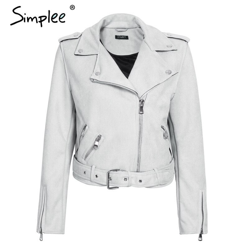 Simplee Leather suede faux leather jacket Women zipper belt moto jacket Cool streetwear ladies' leather jackets winter coat 2017
