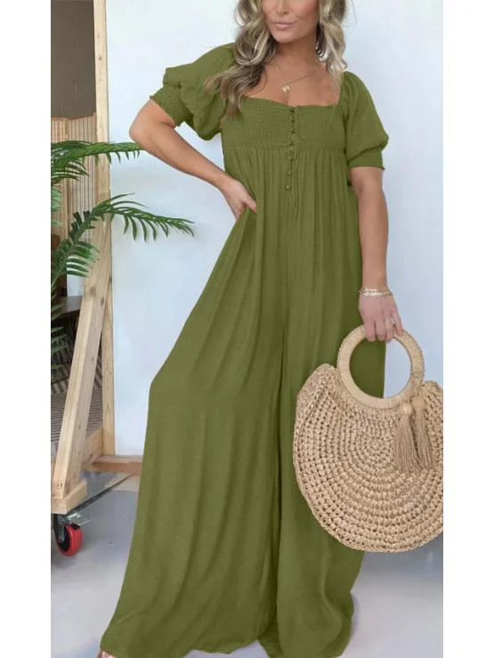 Style & Comfort for Mature Women Women's Puff Sleeve Square Collar Solid Color Jumpsuit