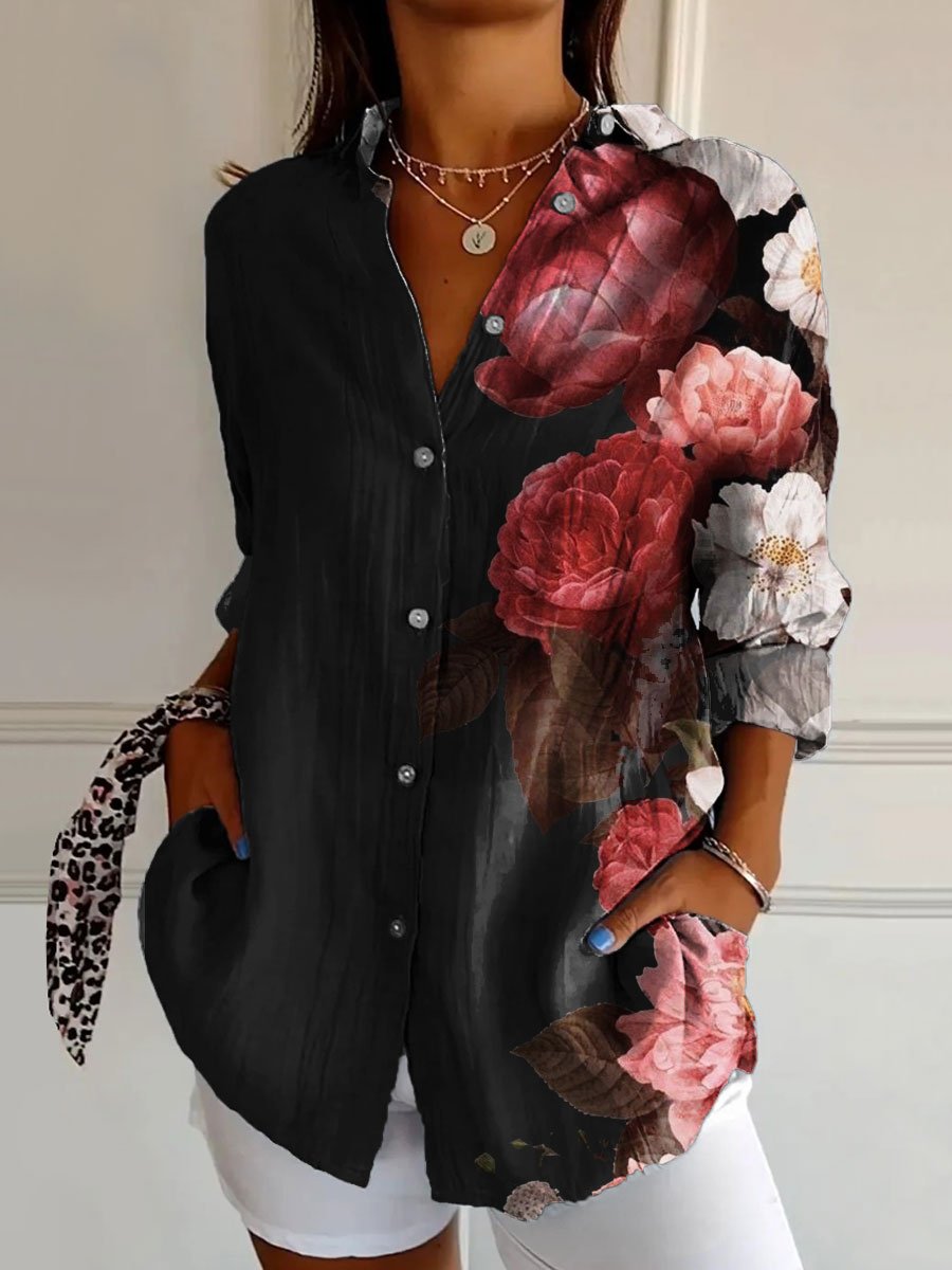 Women's Vintage Color Block Flower Art Print Casual Cotton Shirt