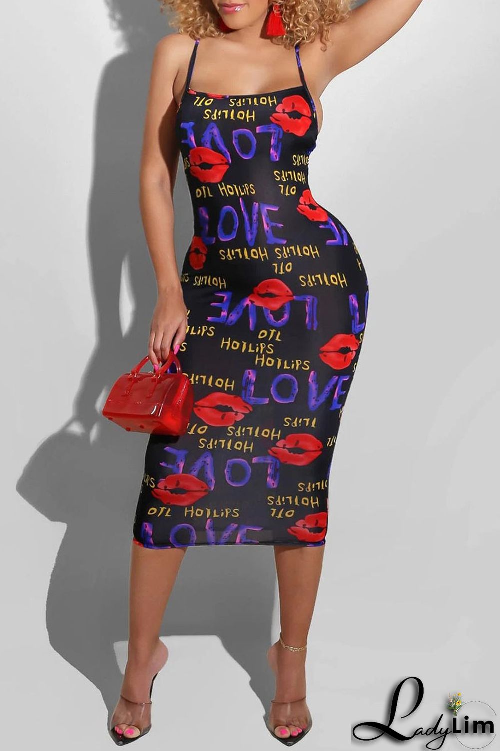 Black Red Sexy Print Split Joint Spaghetti Strap Sling Dress Dresses