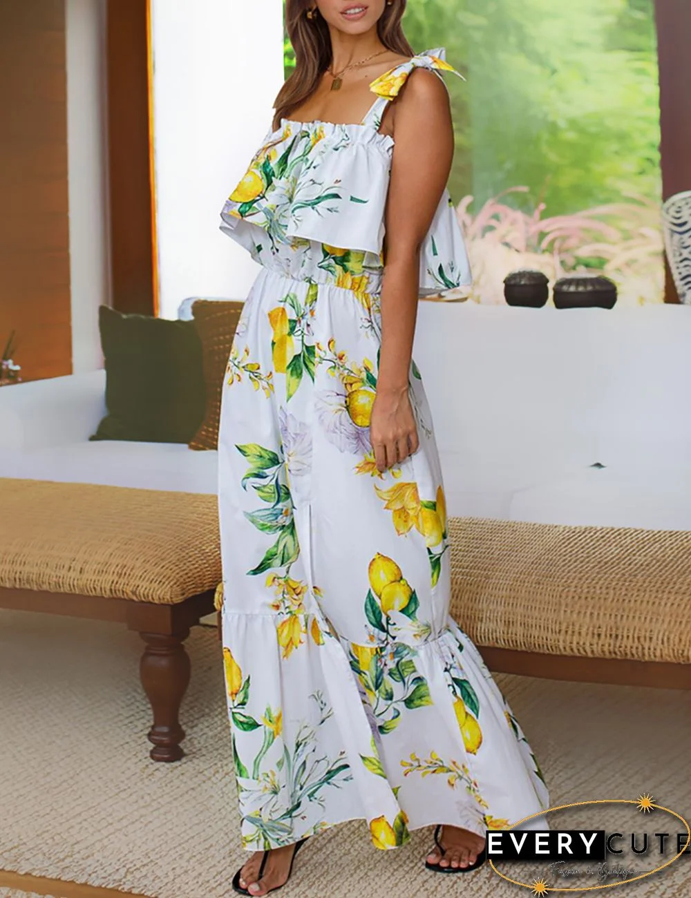White Floral Print Ruffled Split Maxi Dress