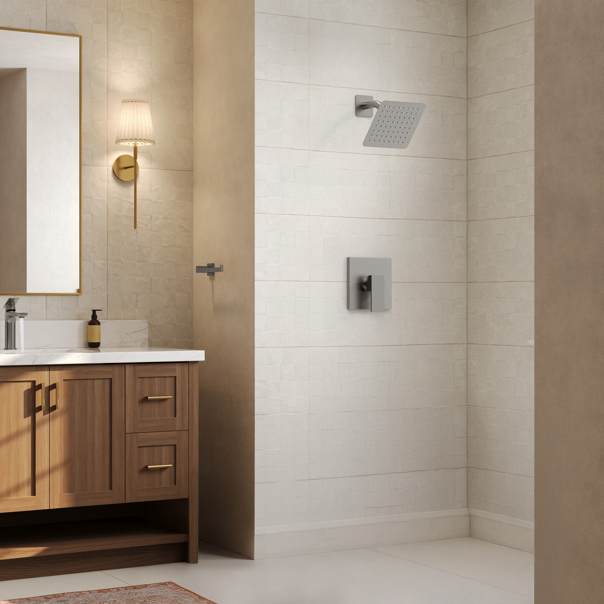 Square 1-Spray 6 in. Wall Mount Fixed Shower Head with High Pressure in Brushed Nickel Valve Included