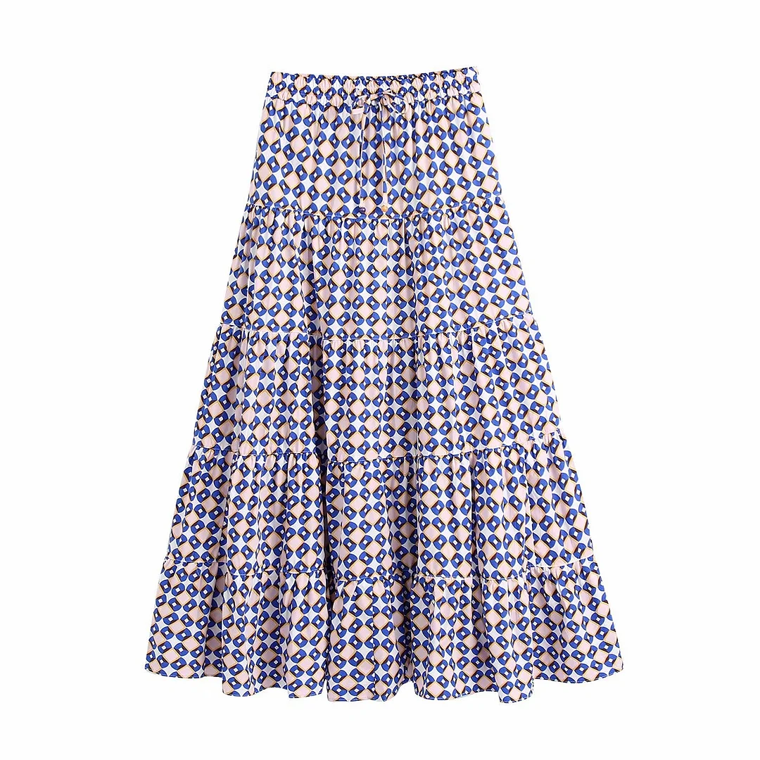 Zevity Women Vintage Geometric Print Pleats Casual Midi Skirt Faldas Mujer Female Elastic Waist Pockets A Line Vestidos QUN792