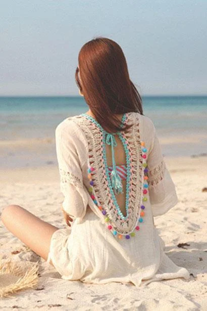 Beige Crochet Backless Tassel Tied Pom Pom Ruffle Sexy Beach Cover Up Tunic-elleschic