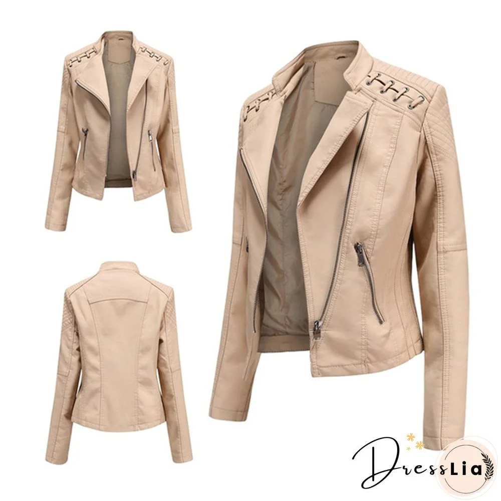 Ladies Fashion Spring and Autumn Short Slim Thin Leather Jacket Motorcycle Suit