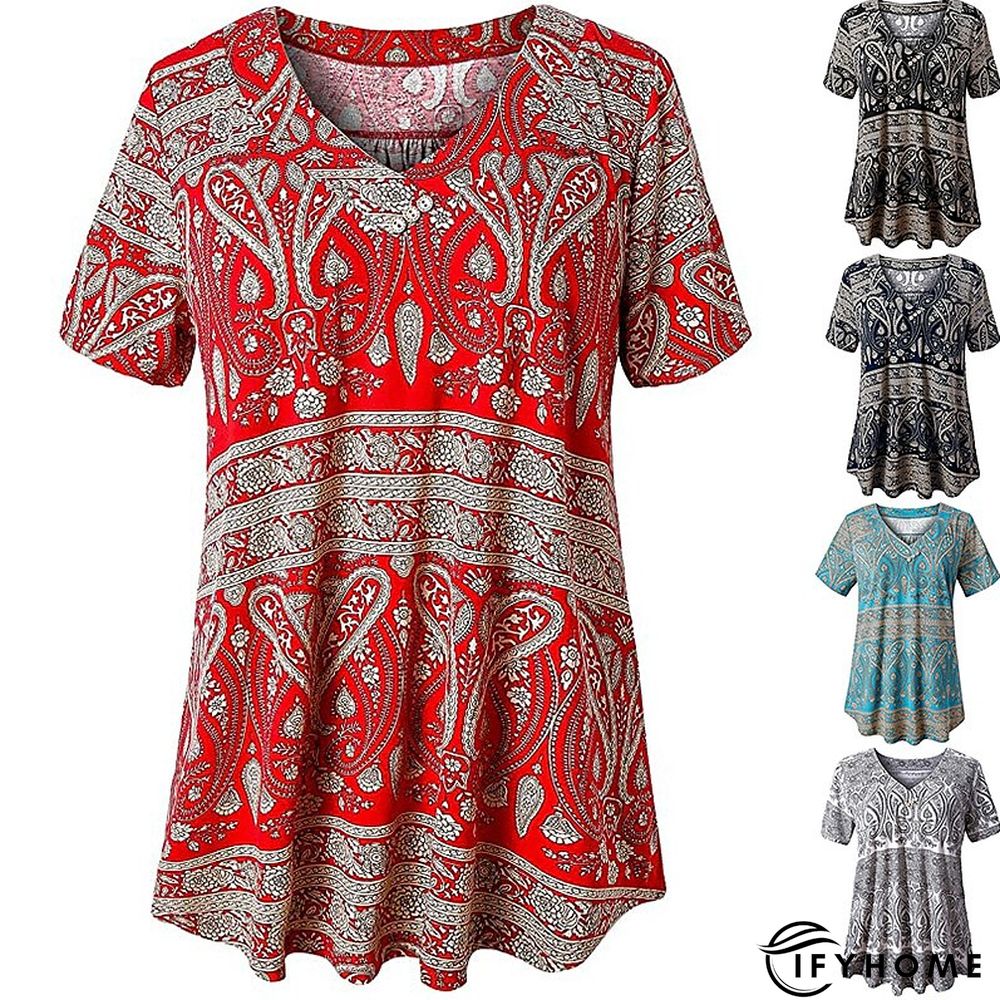 Women's Shirt Blouse Denim Blue Black White Leopard Floral Print Short Sleeve Casual Holiday Basic V Neck Regular Floral Plus Size M | IFYHOME