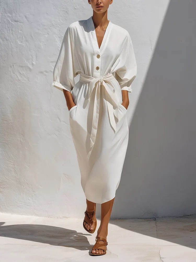 Women&rsquo;s Minimalist V-Neck Button Front Midi Dress &ndash; Relaxed Fit Tie Waist Long Sleeve Casual Dress