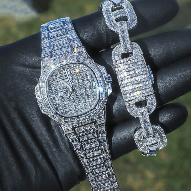 2PCS Iced Out Baguette Watch+15MM Cuban Bracelet Men's Jewelry Set-VESSFUL