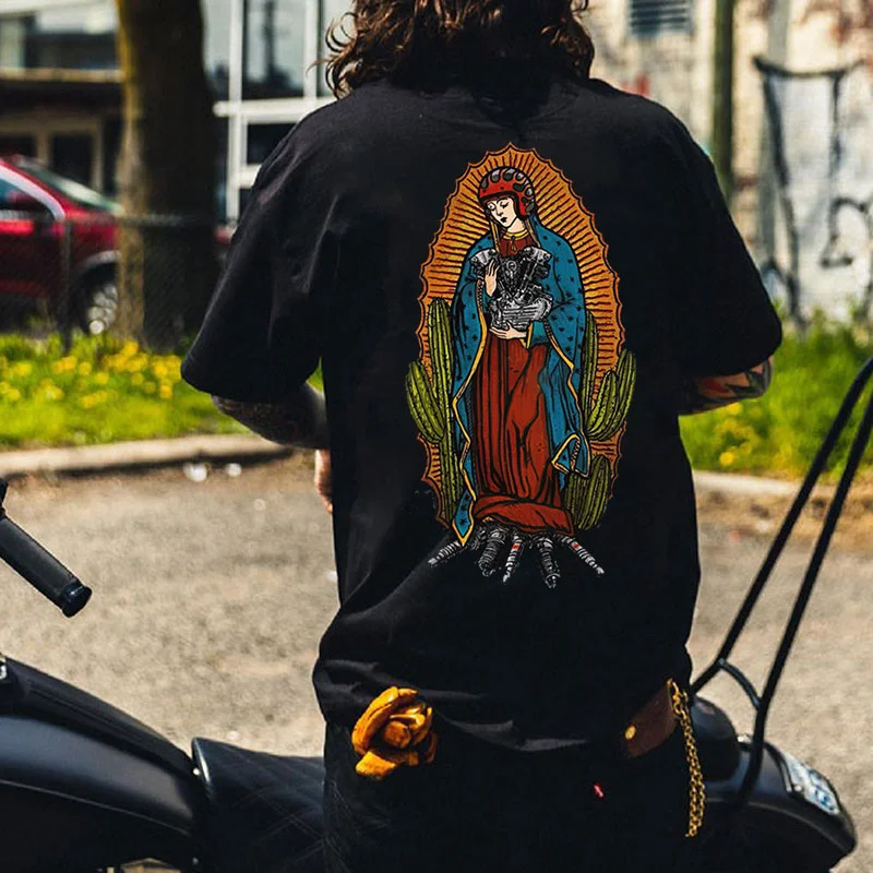 Holy Goddess with Motor Item Black Print T-Shirt