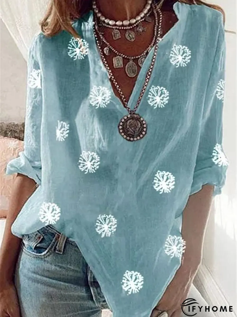 Vintage V Neck Dandelion Printed Casual Top | IFYHOME
