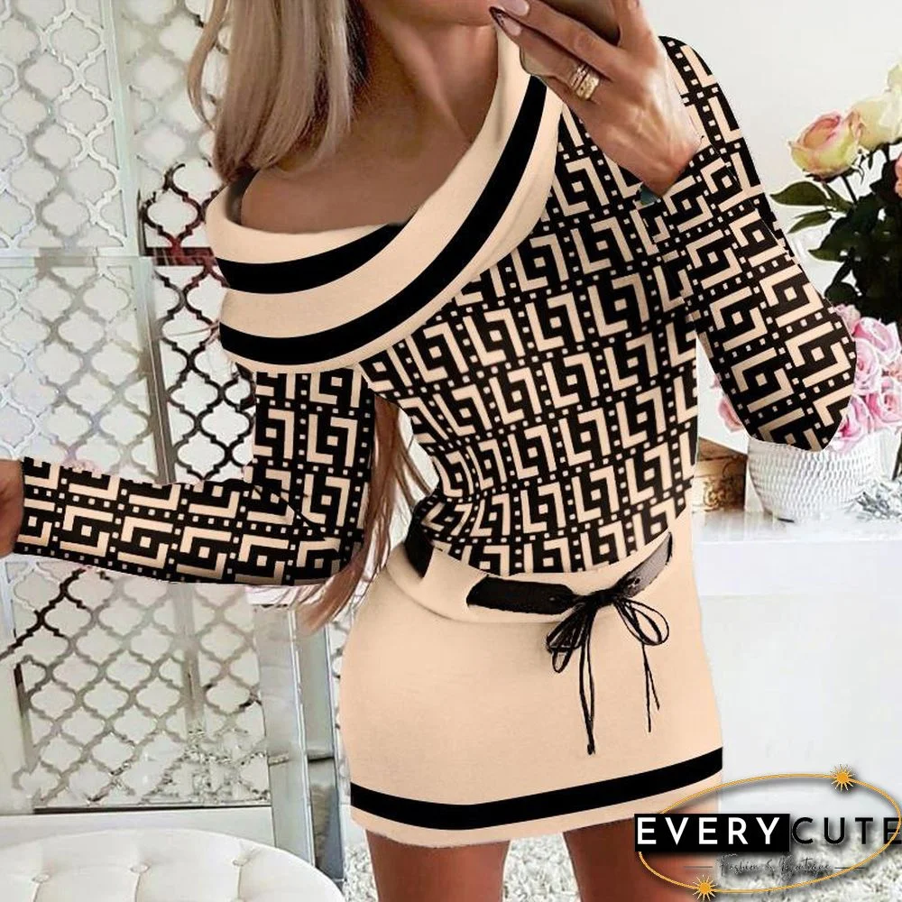 Elegant Patchwork Printed Slim Mini Dress Women Casual Long Sleeve Lace-up Party Dress Fashion Off Shoulder Lapel A-Line Dress