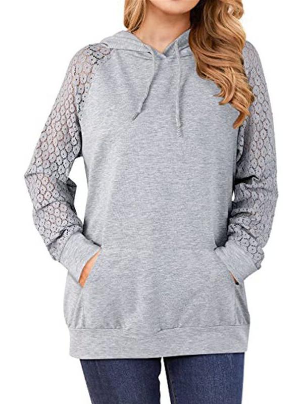 Women's Hooded Drawstring Stitching Lace Long Sleeve Hoodie Top