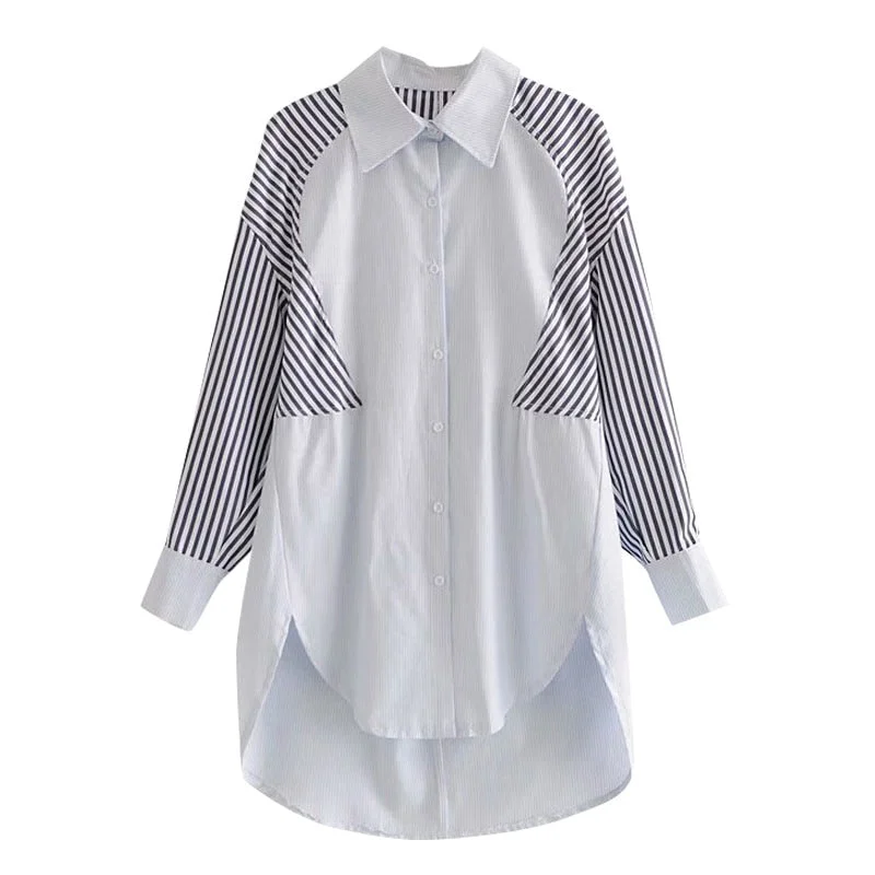 TRAF Women Fashion Striped Patchwork Loose Asymmetry Blouses Vintage Long Sleeve Button-up Female Shirts Chic Tops