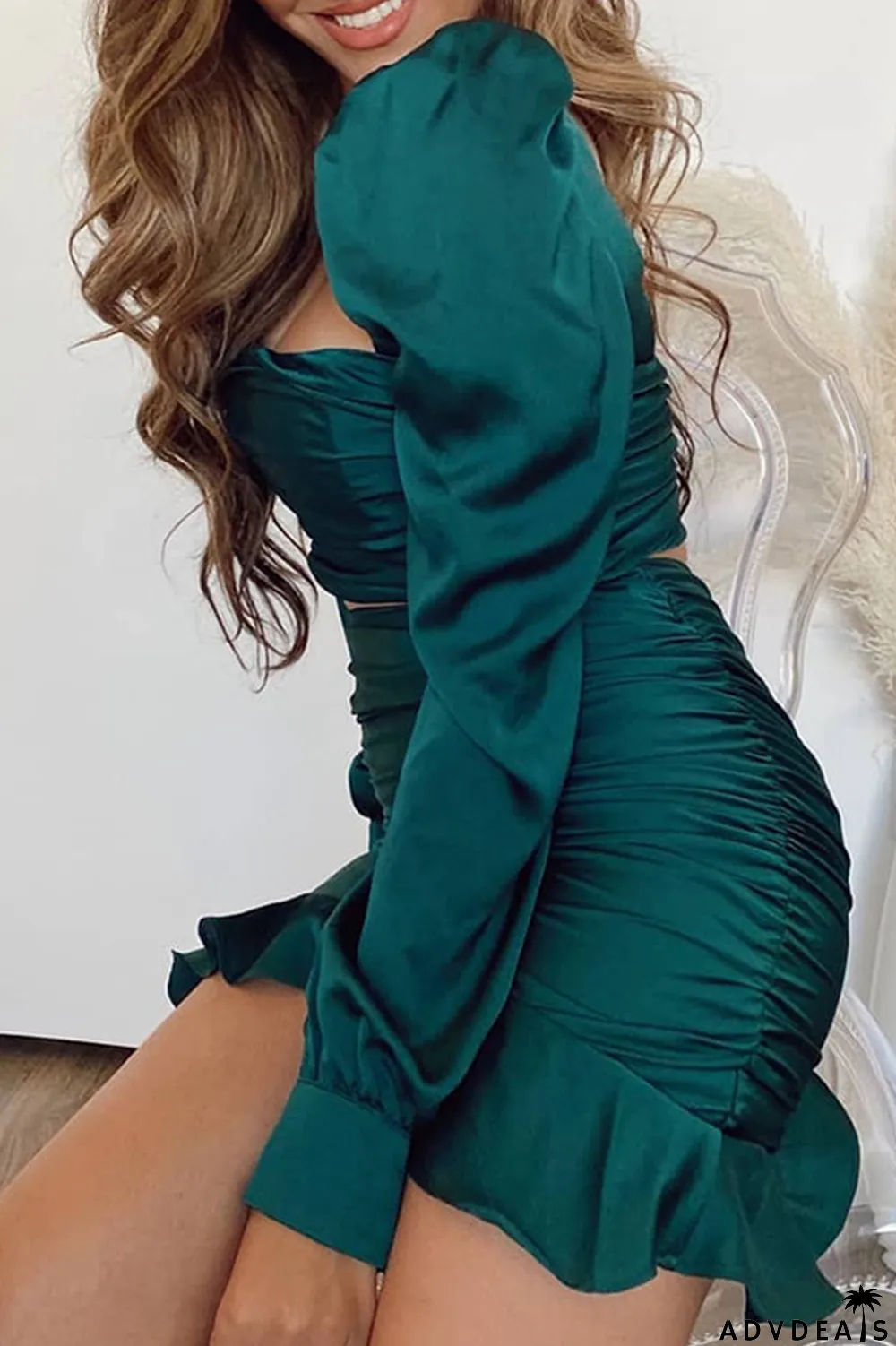 Sexy Solid Flounce Square Collar Long Sleeve Two Pieces