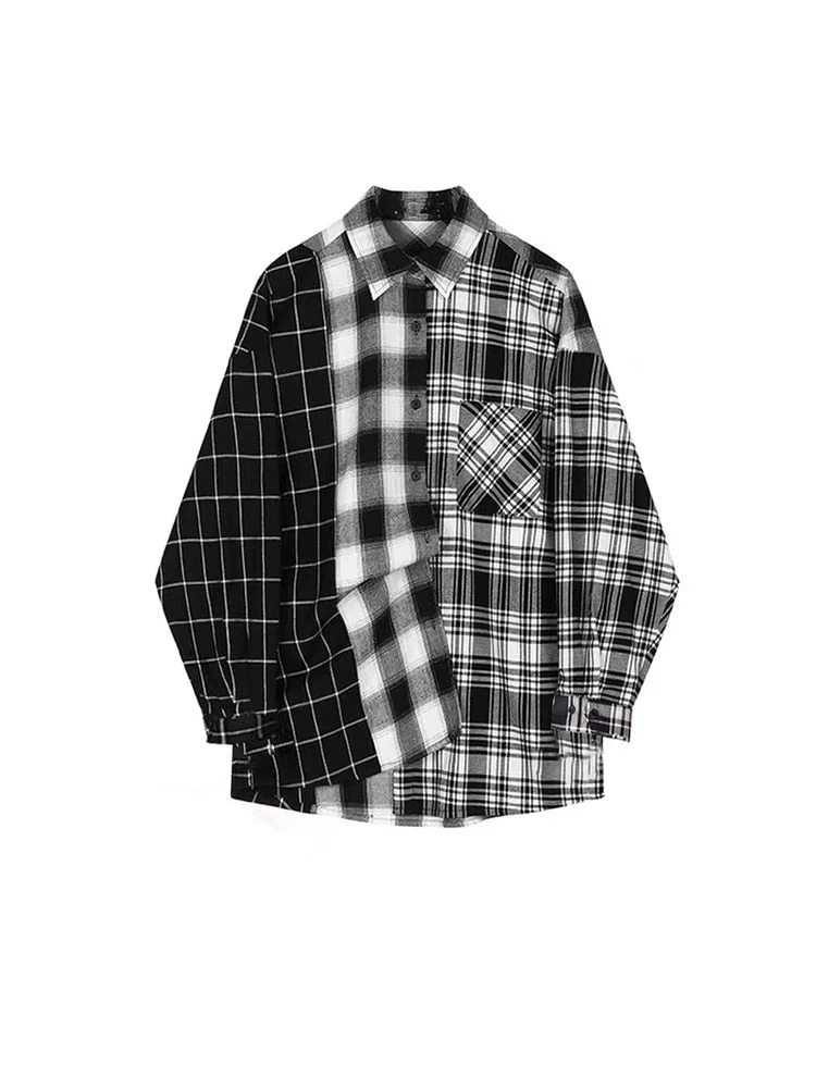 Harajuku Y2K Gothic Women Patchwork Shirt Plaid Oversize E-girl Blouse Female Korean Fashion Long Sleeves Casual Vintage Ins New