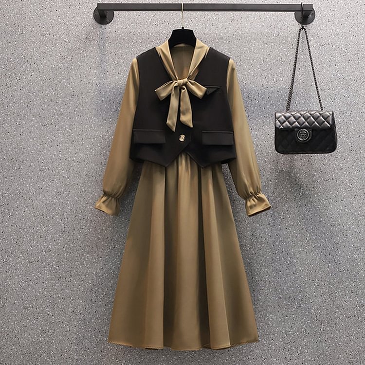 Cardigan Short Vest Lace Up Dress Set - Modakawa