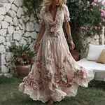 Women's Retro Pink Rose Embroidered Art V-neck Short Sleeve Midi Dress - Image 2