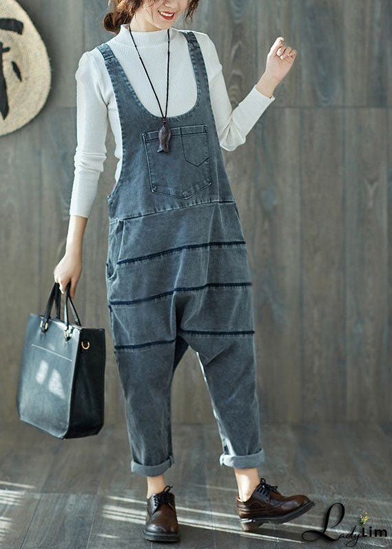 Art Grey Oversized Patchwork Cotton Denim Jumpsuit Spring