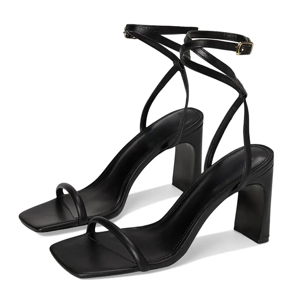 Black Square Toe Ankle Strap Buckle Chunky High Heels Sandals