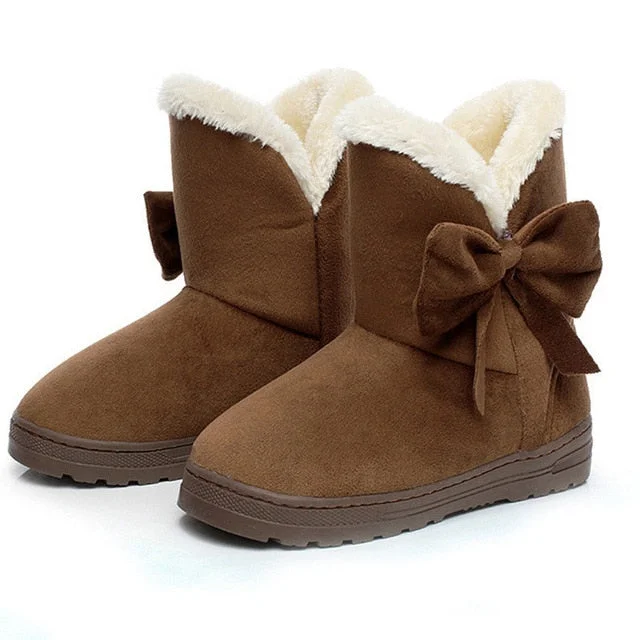 Women Snow Boots Winter Shoes Warm Casual Fur Ankle Female Bowtie Non Slip Plush Suede Flats Slip On Fashion Ladies Footwear New