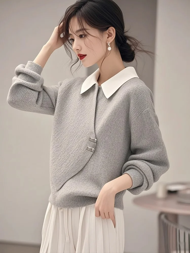 Athvotar Athvotar Gray Fake Two Knitted Sweater Women's Autumn And Winter Korean Atmosphere Relaxed Leisure Polo Collar Top
