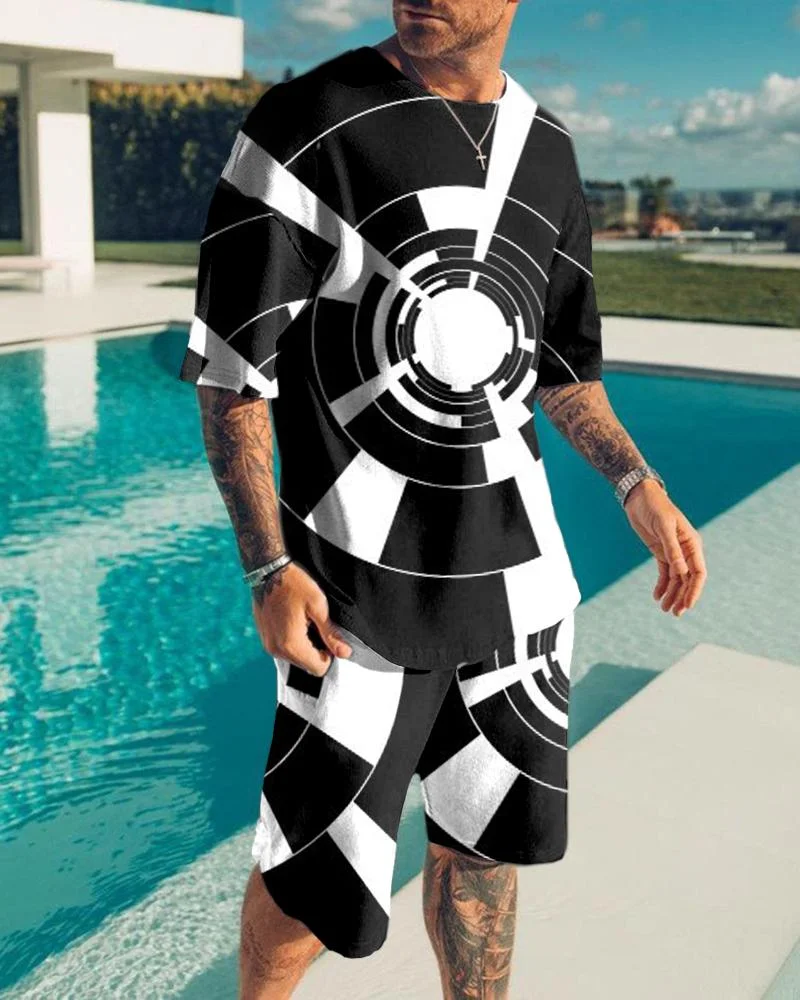 Men's Holiday Round Irregular Square Print Shorts Suit