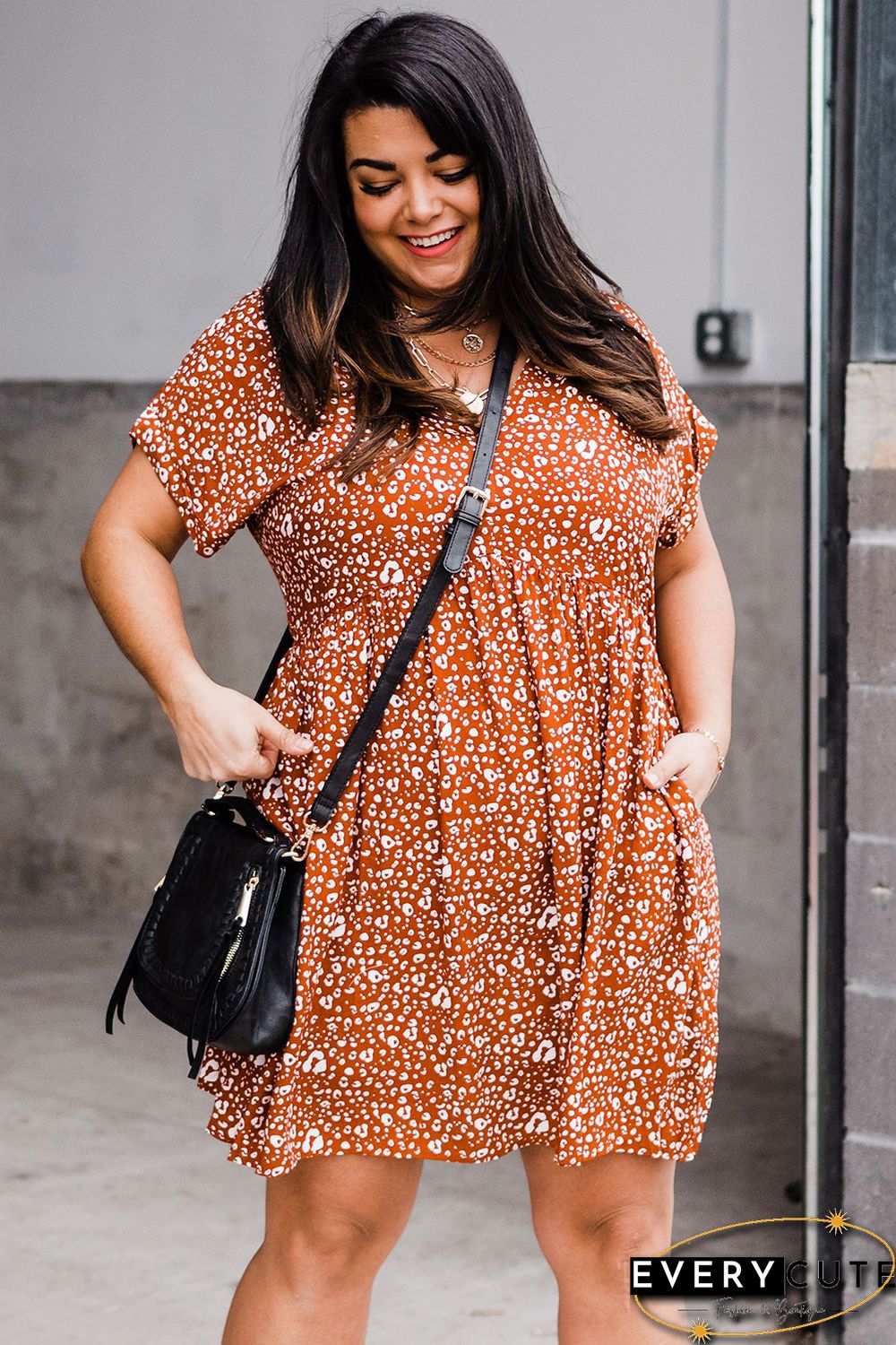 Orange Plus Size V Neck Leopard Print Short Sleeve Mini Dress