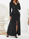 Banquet Solid Color Split-Front Long Sleeves V-Neck Maxi Dress