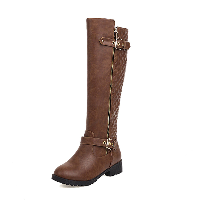 GOOSHOE Double Layer Metal Leather Buckle Women's Knee High Boots Double Layer Zipper Round Toe Medium Heel Cavalry Boots