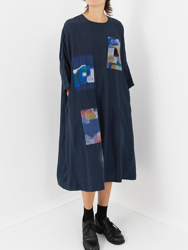 Embroidery Scenes Side Pockets Hand Beaded Cotton Linen Midi Dress