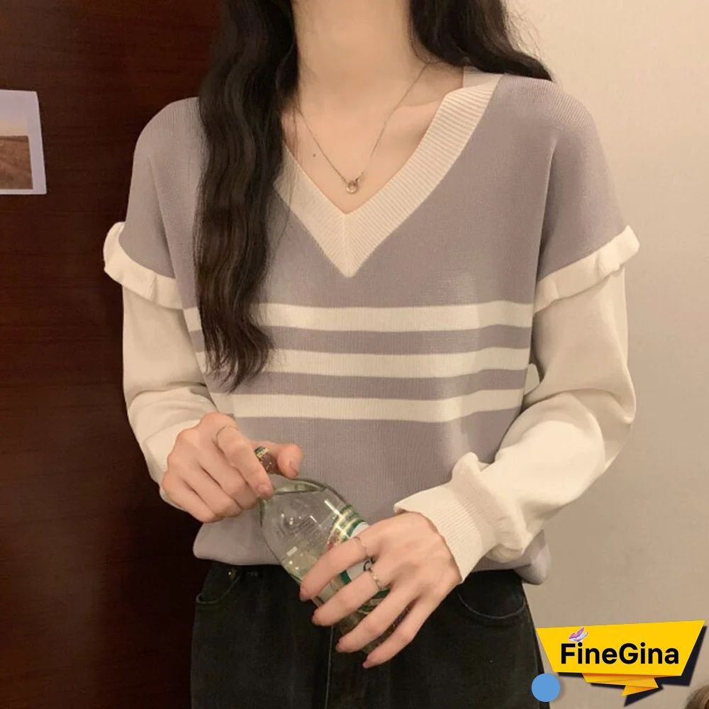 Spring Autumn Print Stripe Sweater Women V Neck Slim Casual Knitting Sweater Ruffles Long Sleeves Elegant Korean Tops New